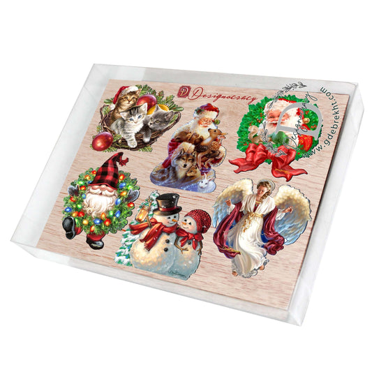 Set of Christmas-themed coasters with various characters on a wooden-patterned background.