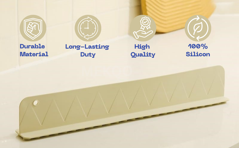 Beige silicone mat with durability, quality, and material icons on a white background