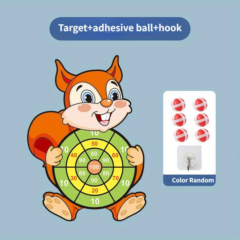 Cartoon squirrel holding a target with adhesive balls and a hook on a blue background
