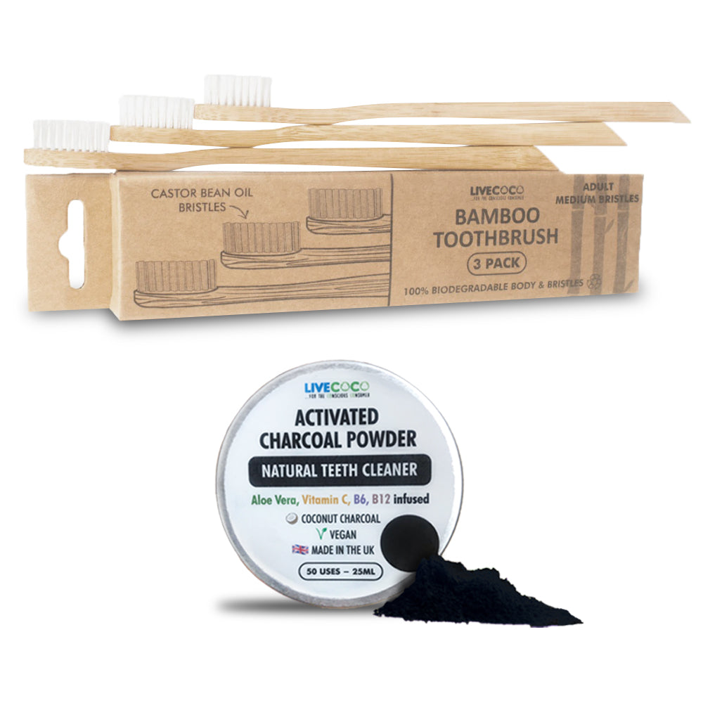 Packaging of Liveco Bamboo Toothbrushes with a container of Activated Charcoal Powder on a white background
