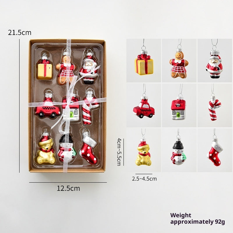 Set of Christmas ornaments in a box with dimensions and weight information.