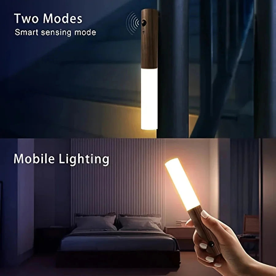 Smart wall light with two modes: smart sensing and mobile lighting, shown in a bedroom setting.