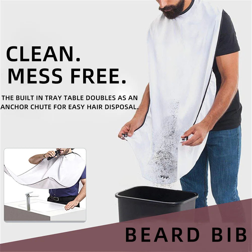 Beard bib being used by a person with text highlighting its features.