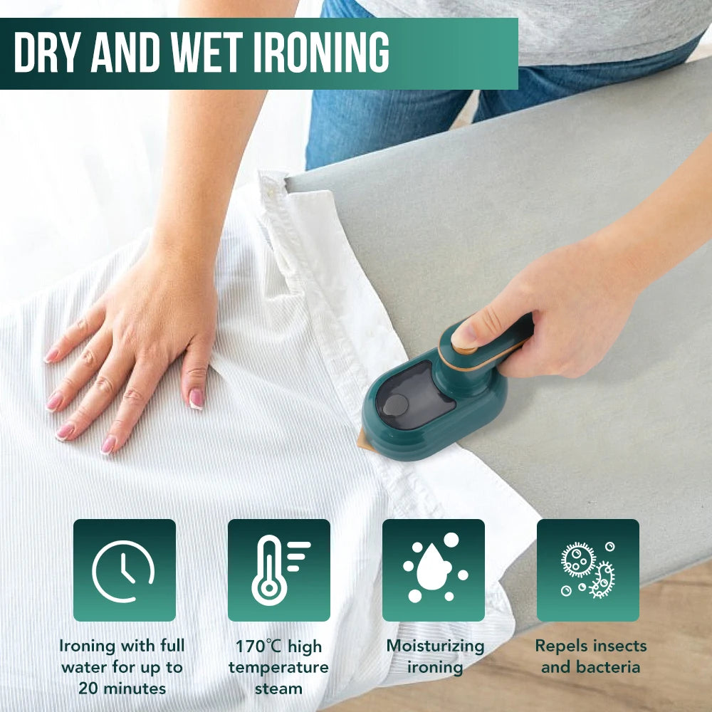 Person ironing a garment with a steam iron, text indicating 'Dry and Wet Ironing' and icons describing features.
