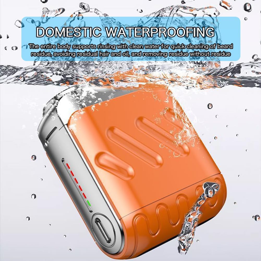 Orange electronic device with water splashes and text about domestic waterproofing on a light gray background.