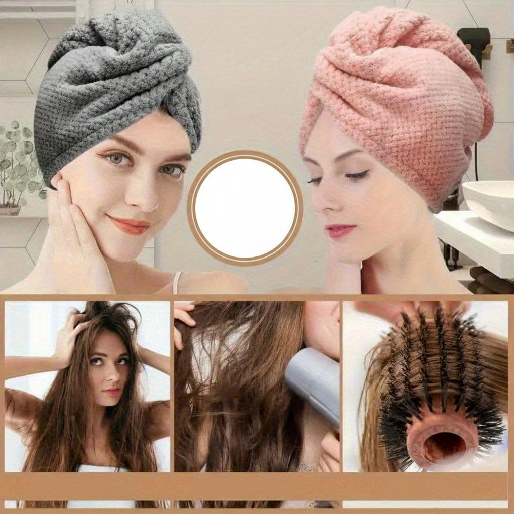 Two women wearing hair turban hats with text about healthy hair and product features.
