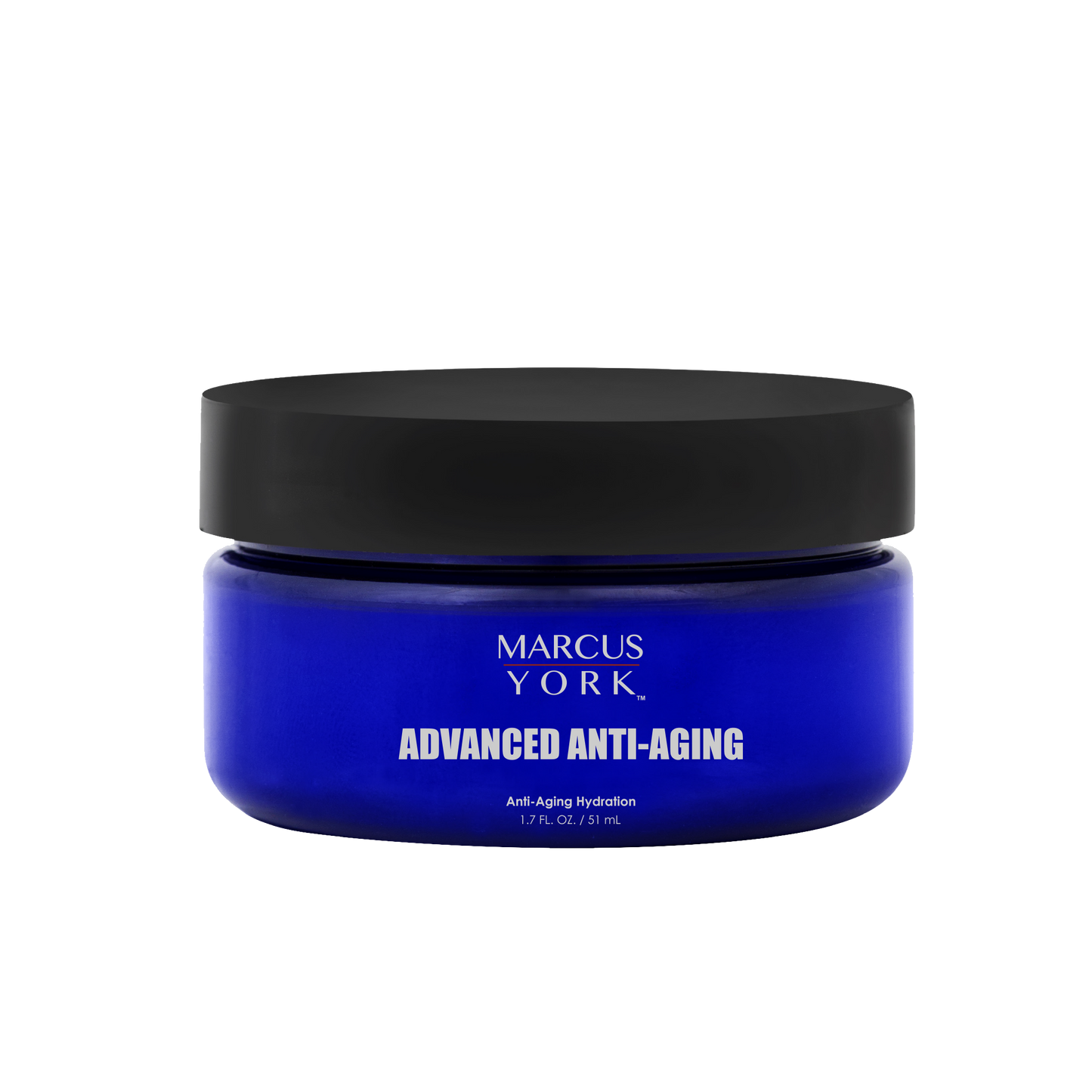Blue jar with black lid labeled 'Marcus York Advanced Anti-Aging' on a white background