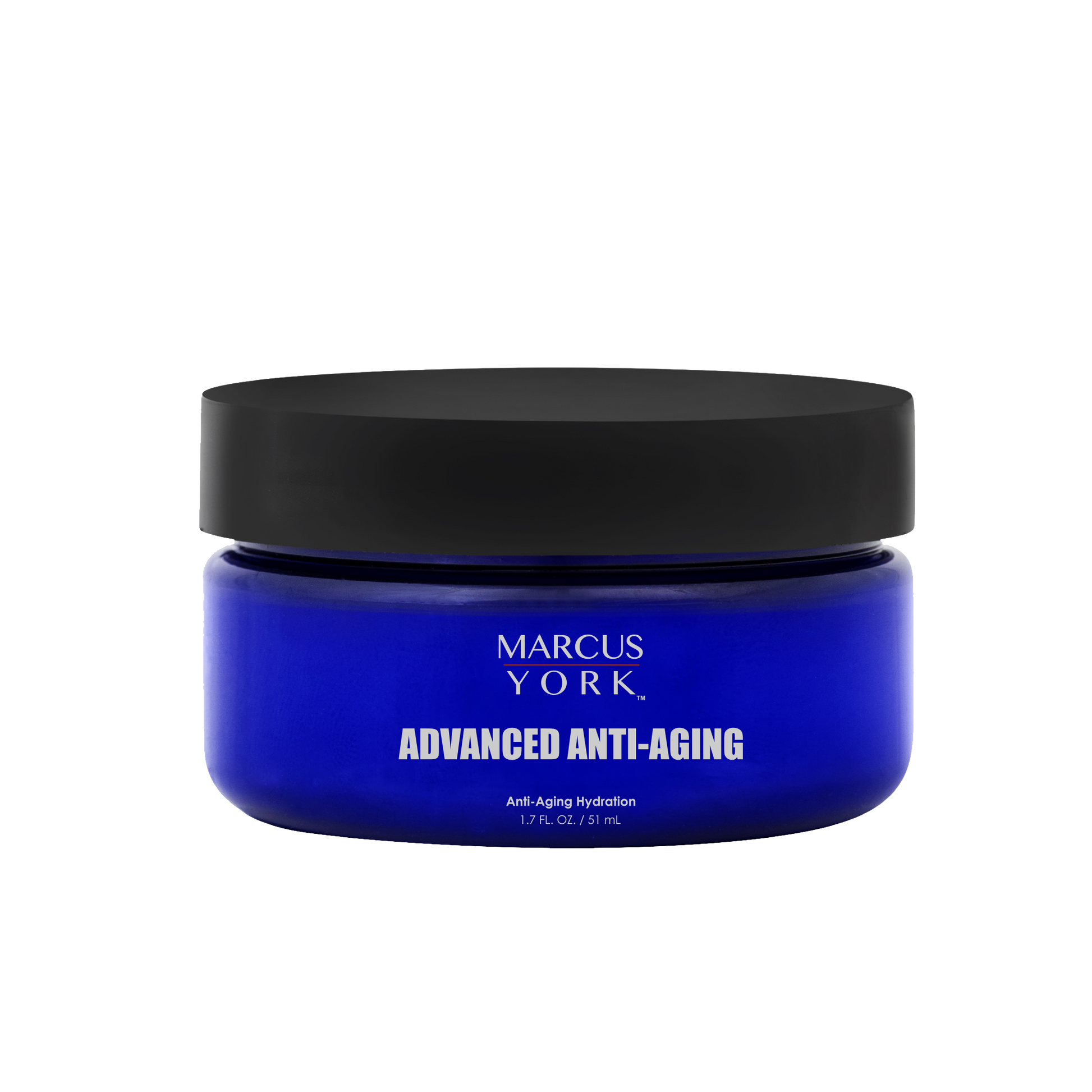 Blue jar with black lid labeled 'Marcus York Advanced Anti-Aging' on a white background