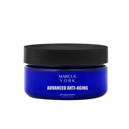 Blue jar with black lid labeled 'Marcus York Advanced Anti-Aging' on a white background