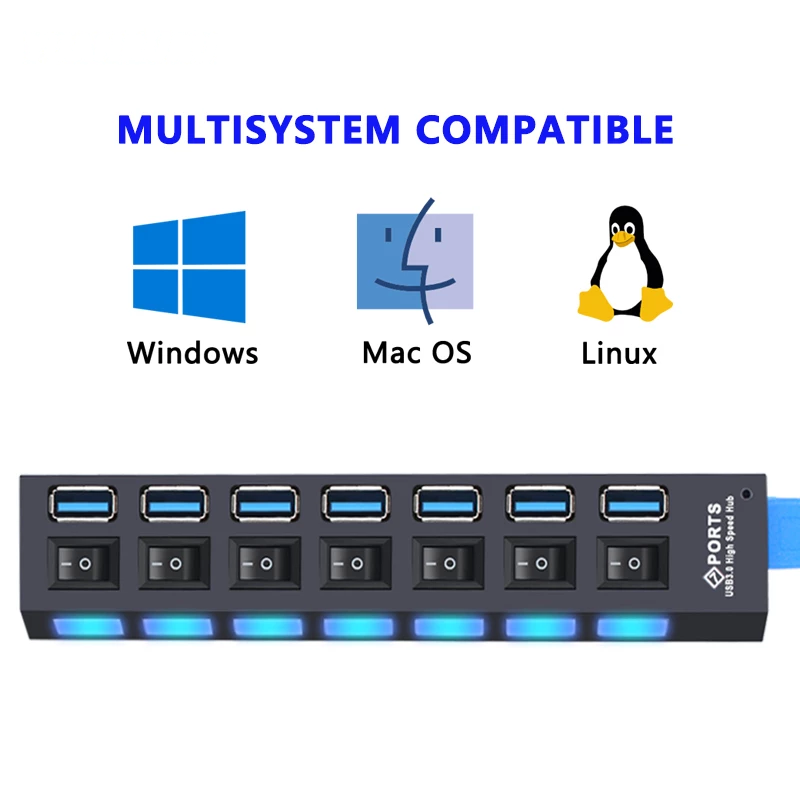 USB hub with compatibility icons for Windows, Mac OS, and Linux on a white background