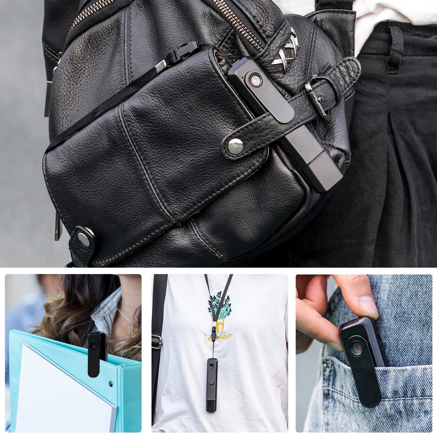 Black leather bag with a camera mount, worn by a person, held by another person, and attached to a phone.