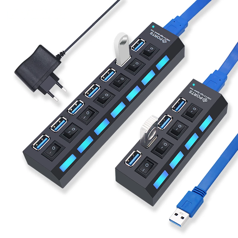 Two USB hubs with multiple ports and blue cables on a white background