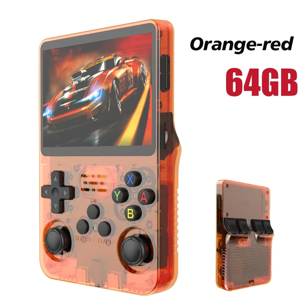 Handheld gaming console with orange-red color and 64GB storage capacity on a white background.