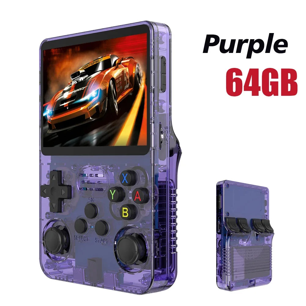 Purple handheld gaming console with 64GB storage, displaying a racing game on screen.