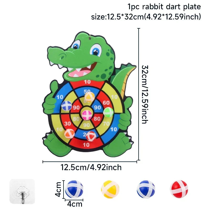 Dart board with crocodile design and measurements on a white background
