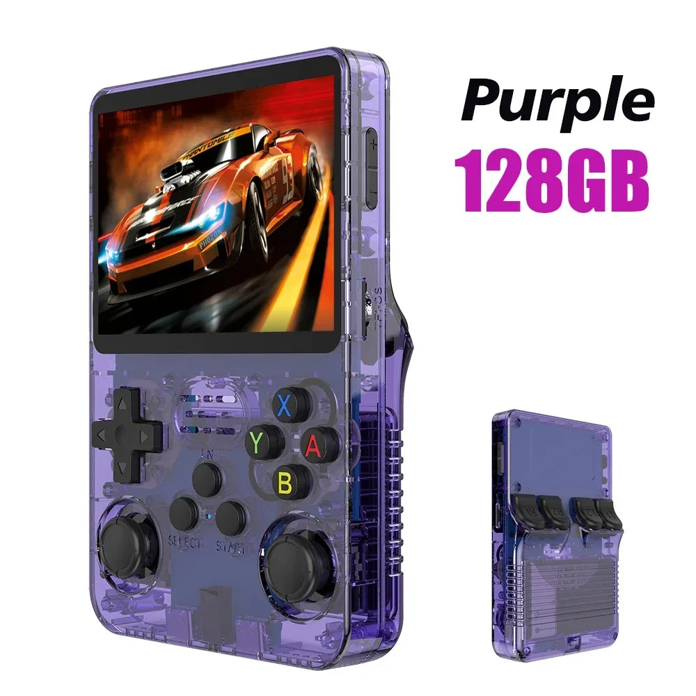 Purple handheld gaming console with 128GB storage capacity on a white background