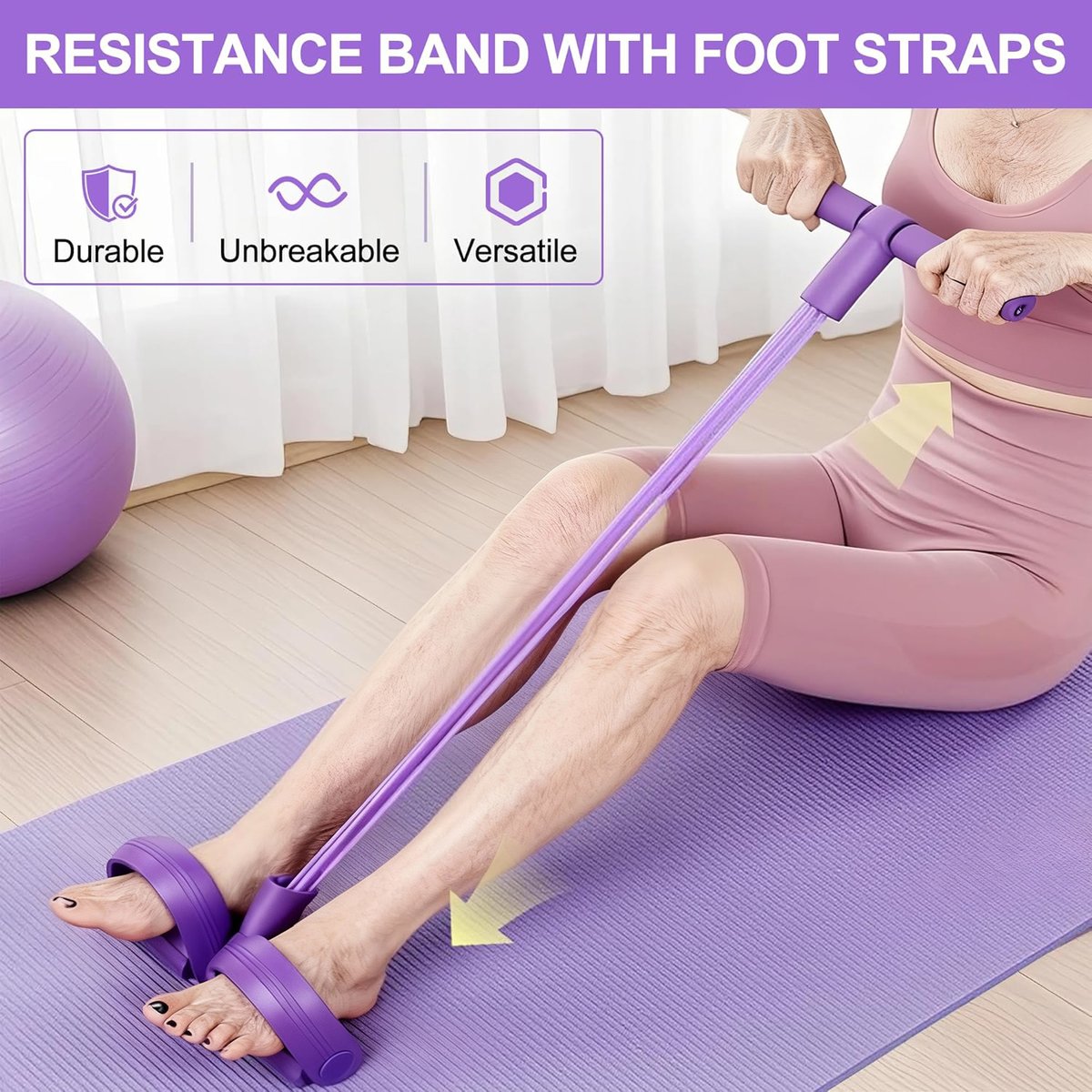 Person using a purple resistance band with foot straps on a yoga mat, with text highlighting features like durability, unbreakability, and versatility.