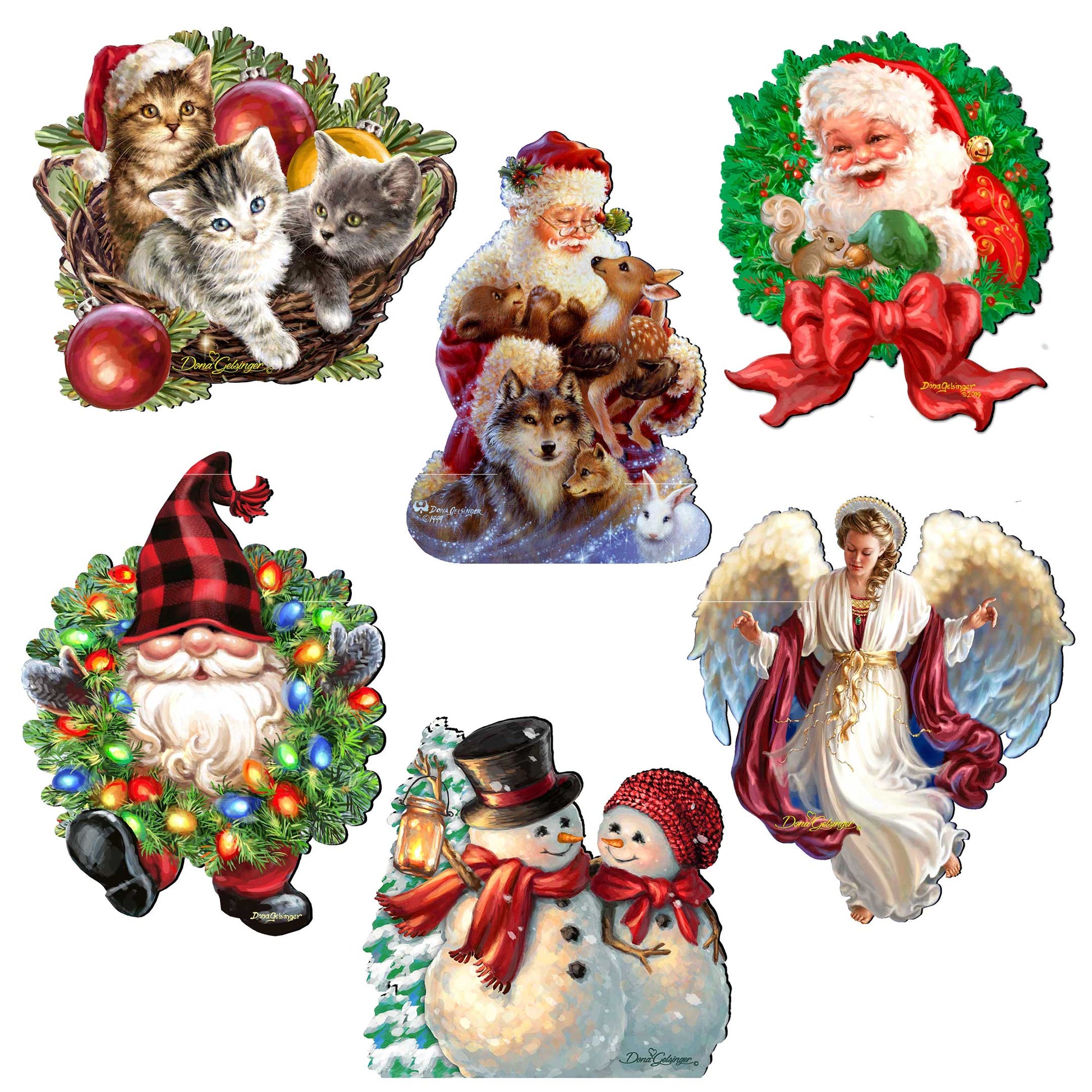 Set of Christmas-themed illustrations including Santa Claus, angels, a snowman, and a basket with kittens.