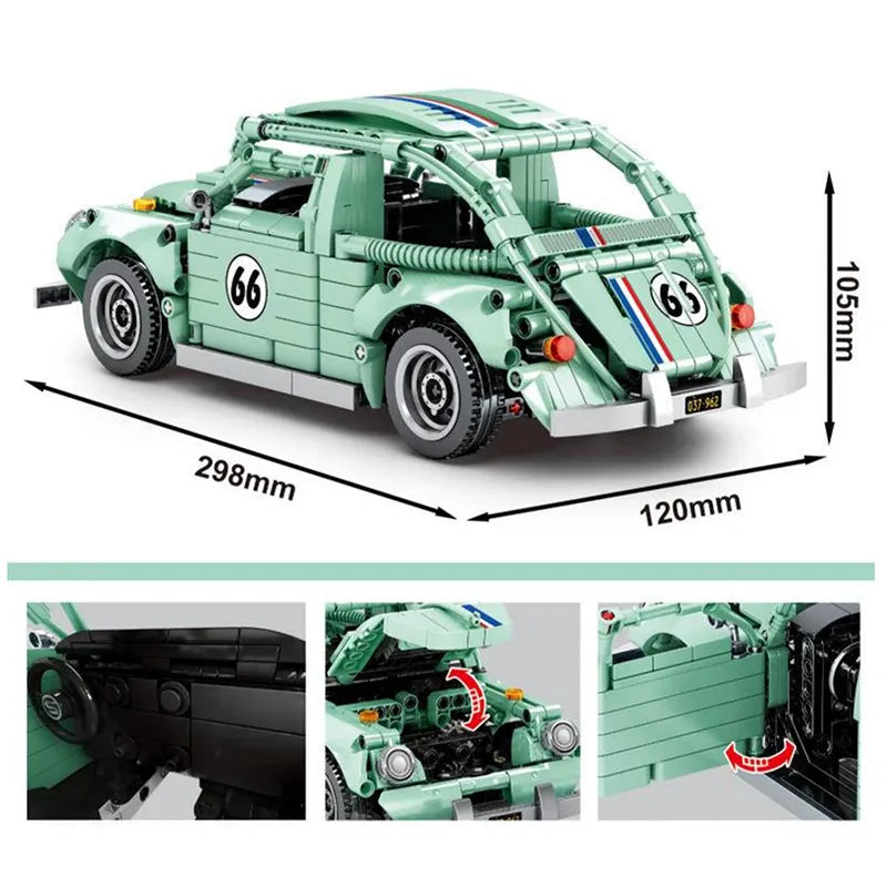 Green toy car model with dimensions and close-up details on a white background