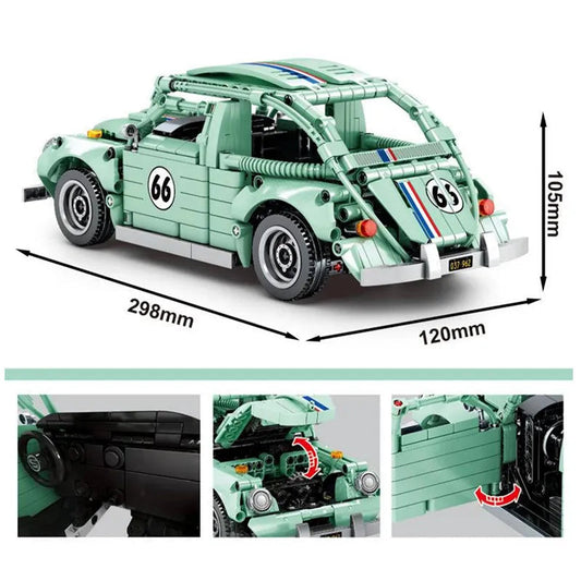 Green toy car model with dimensions and close-up details on a white background