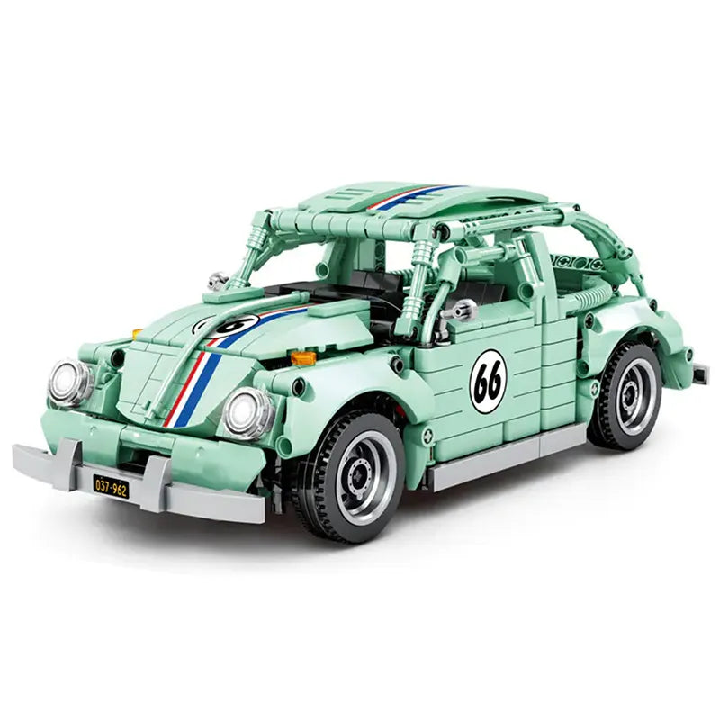 Toy car model made of interlocking bricks on a white background
