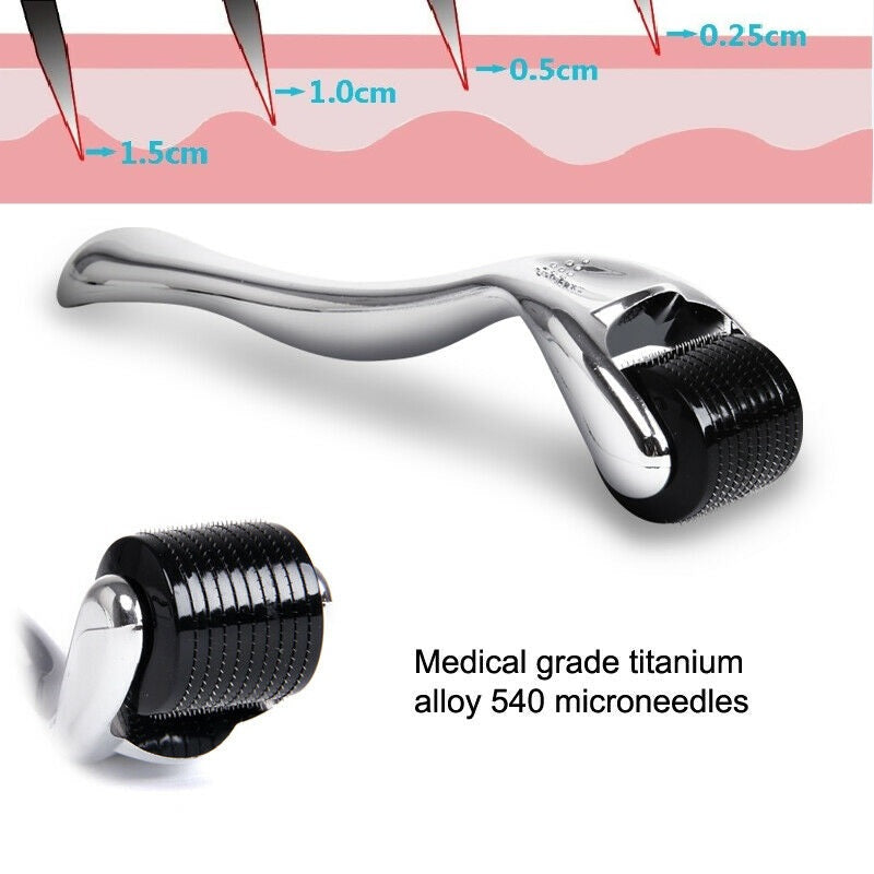 Derma roller with medical grade titanium alloy and microneedles on a white background