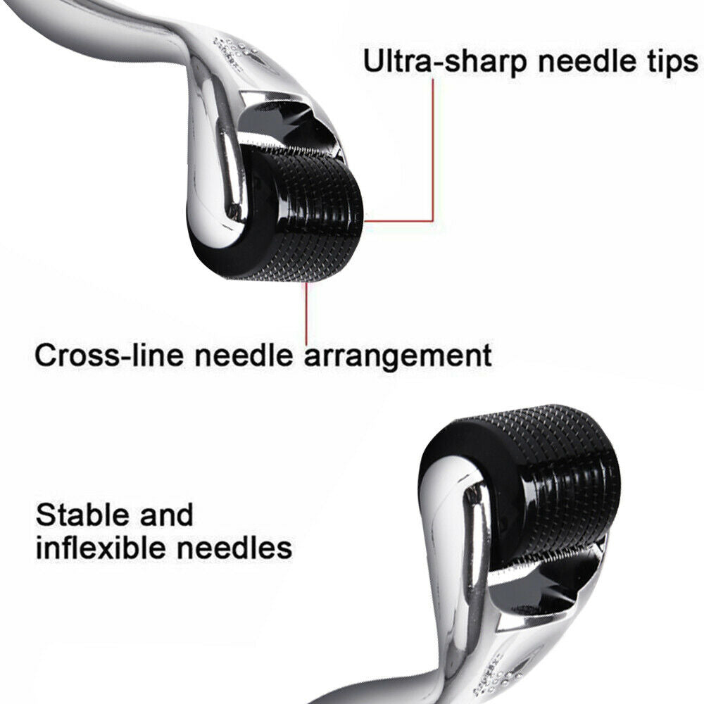 Close-up of a derma roller with labeled features on a white background
