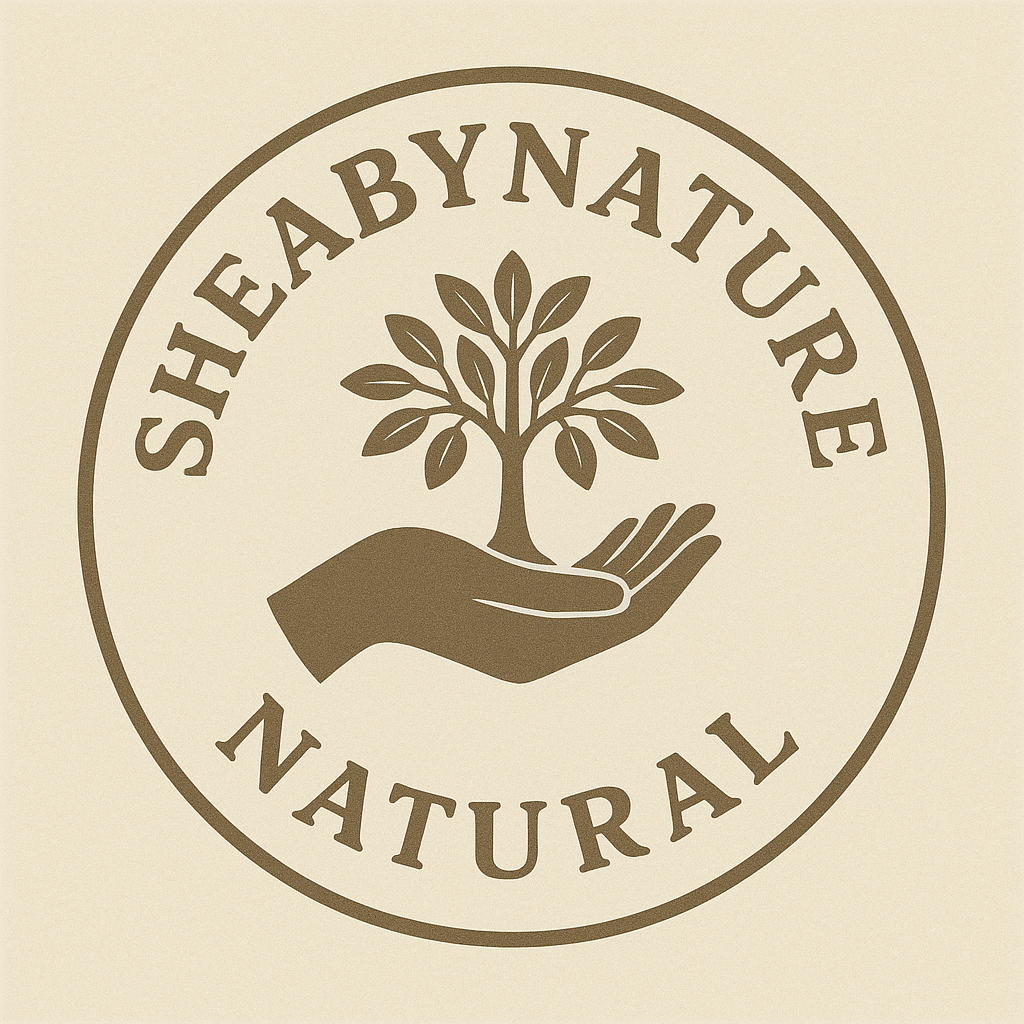 Sheaby Nature Natural logo with a hand holding a tree on a beige background