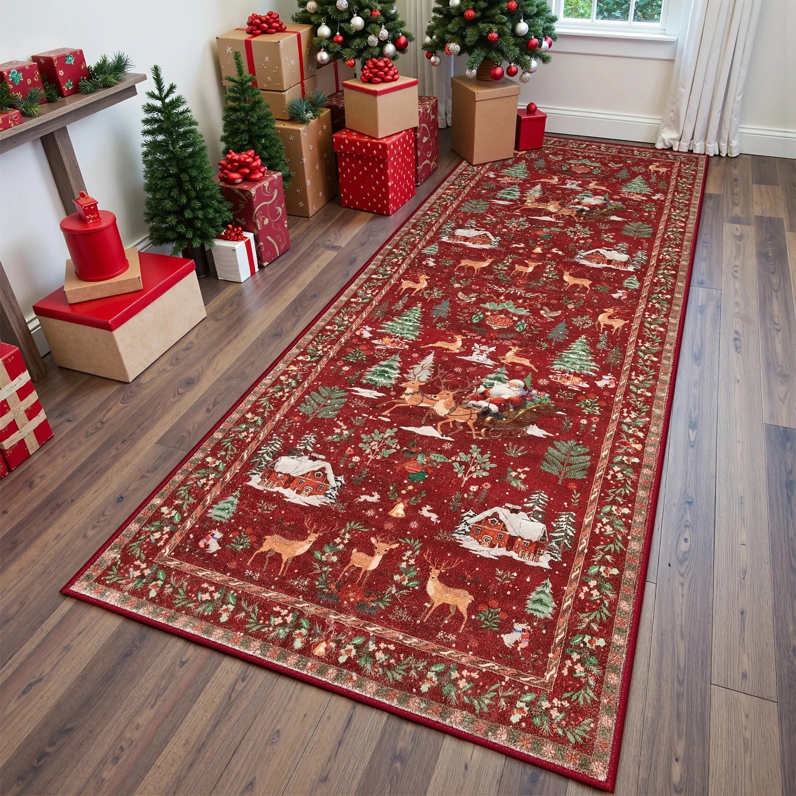 Decorative red Christmas-themed rug on a wooden floor with presents and trees.