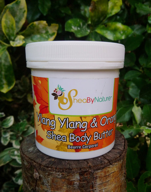 Jar of Ylang Ylang & Orange Shea Body Butter by Shea By Nature on a wooden stump with green leaves in the background